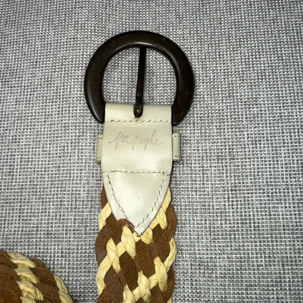 Free People Womens Braided Woven Belt Brown Cream Suede Leather Wood Buckle Boho